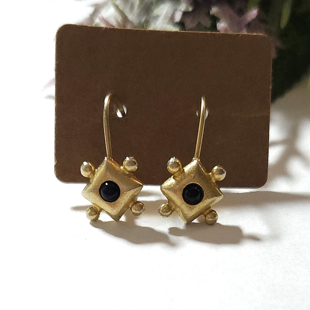 Gold Plated Black Stone Drop Earrings Aztc Style Dangle Earrings